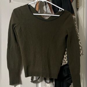 Jigsaw Dark Olive Crew Neck Lambswool Blend Sweater Tie Back Cropped Fitted